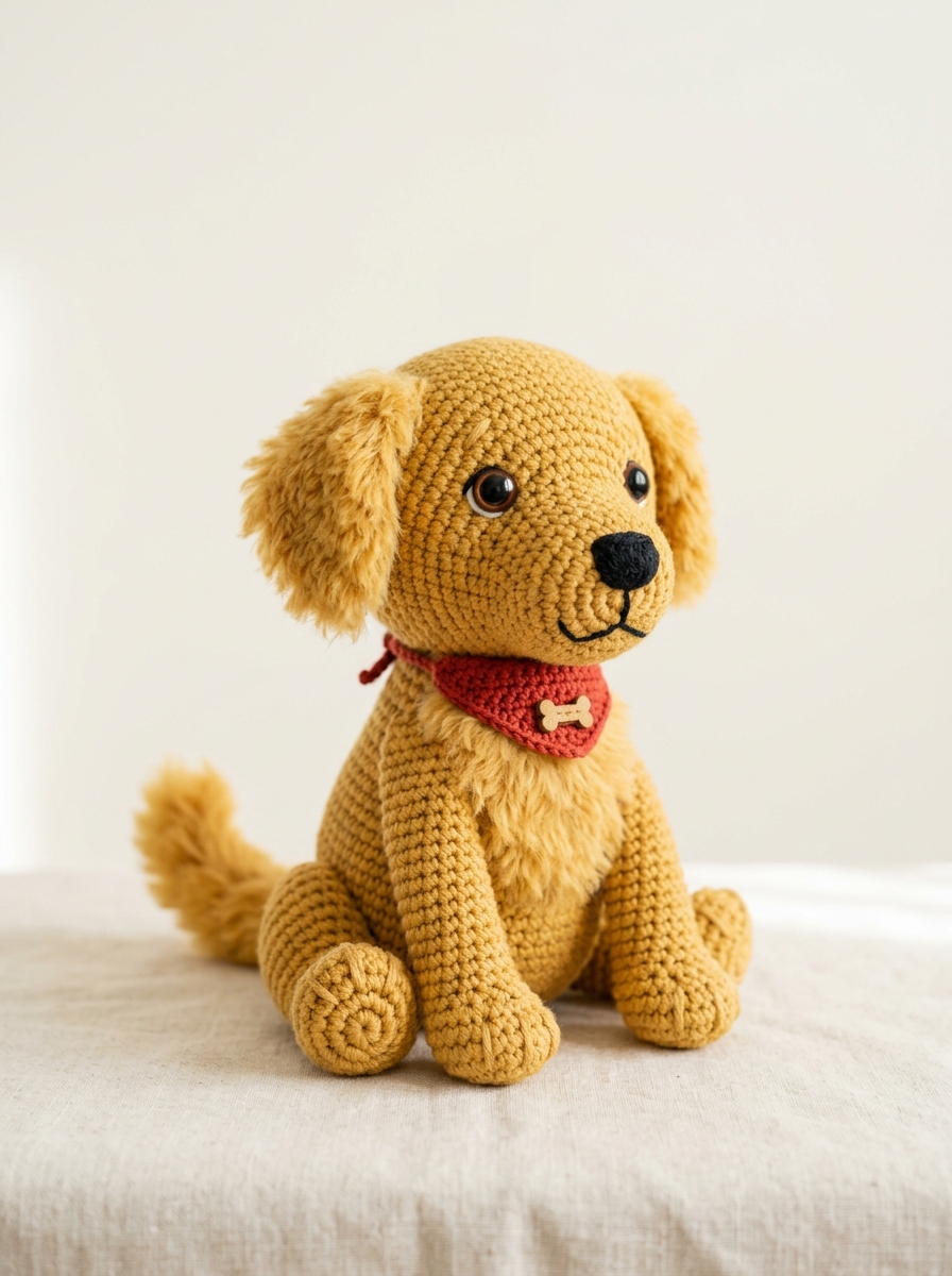 Handmade golden dog crochet keepsake wearing a red bandana